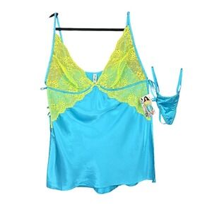 Dreamgirl Turquoise Lime Green Satin Lace Chemise G-String Set 9682X Plus 1X/2X